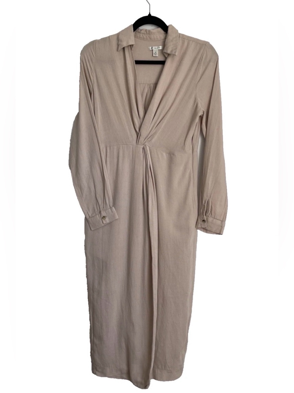 Collared Tan Twist Front Woven Midi Dress Size 4 Classic Minimalist